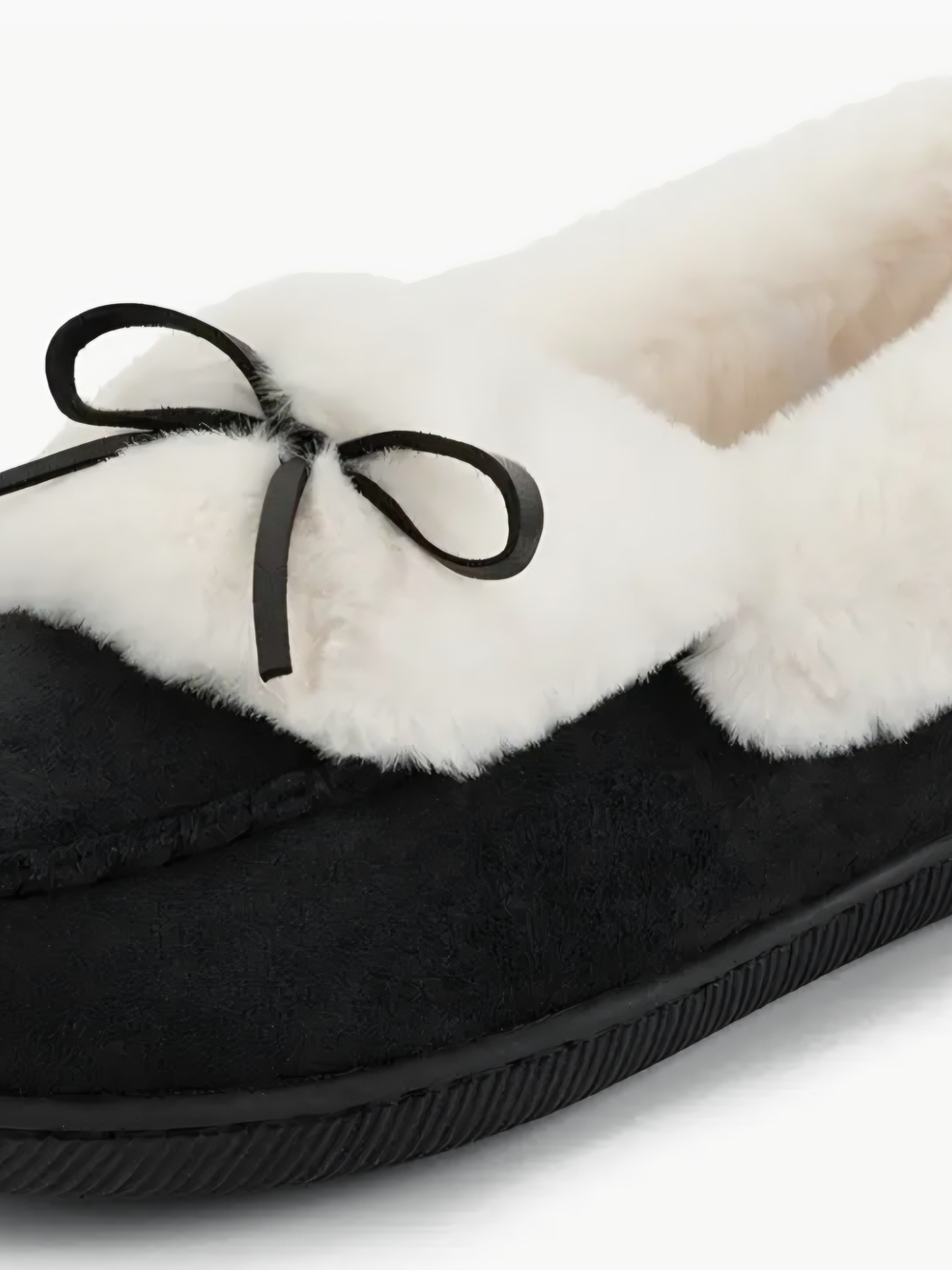 Cozy Faux-Suede Black Slippers with Cream Faux-Fur Trim
